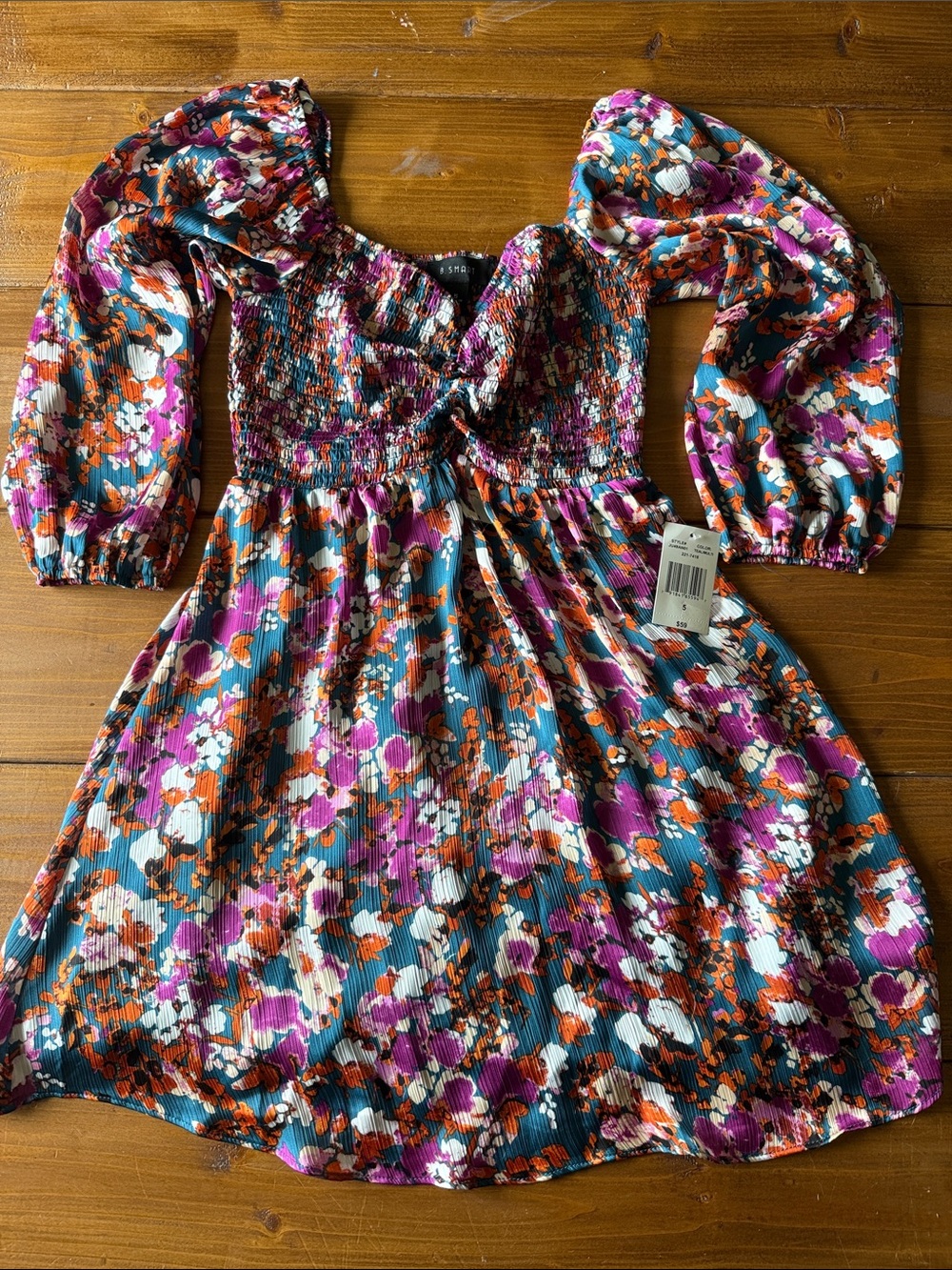 B. Smart Floral Smocked Midi Dress - Teal, Purple, Orange, White